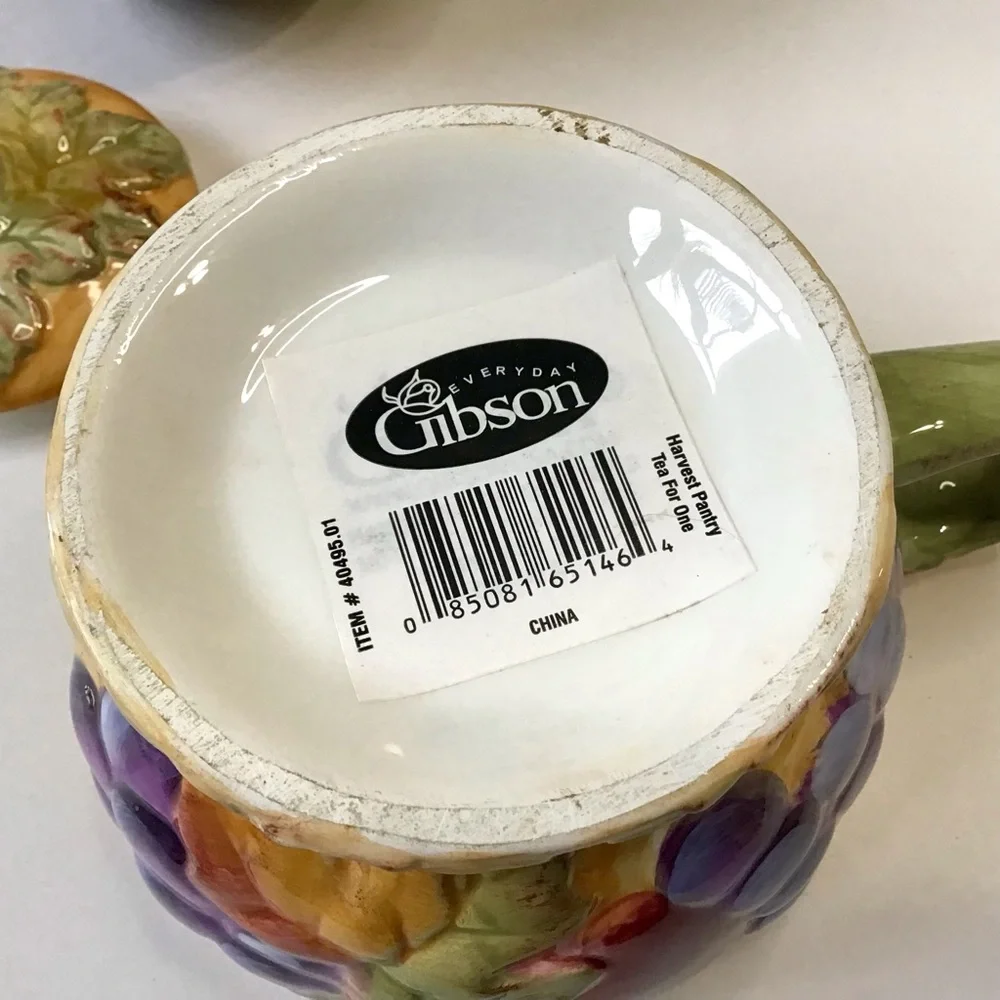 Vintage Gibson Tea For One Stacked Teapot & Cup Set Harvest Pantry Fruit Leaves